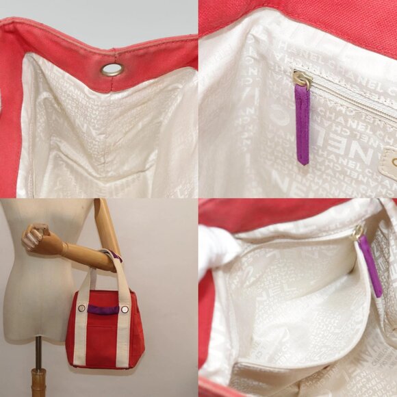 CHANEL Choco Bar Tote Bag Canvas Red Gold CC Auth bs18523 - Picture 13 of 14